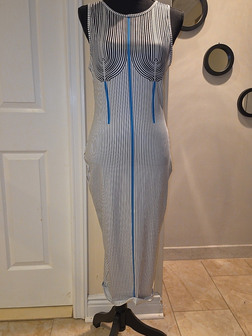 SHEIN Black and White Striped Maxi Dress with Blue Accents